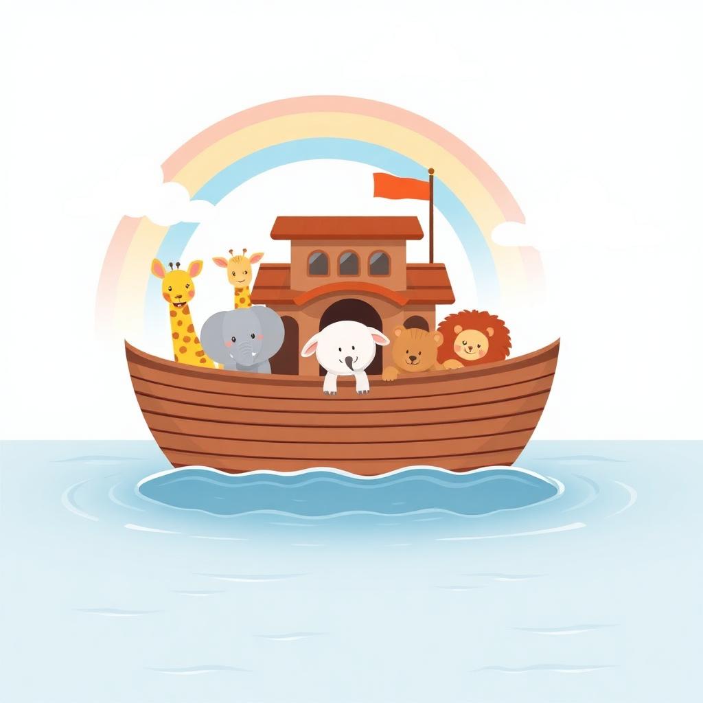 Noah's Ark with smiling animals and a rainbow